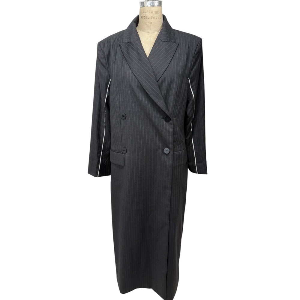 NEW St. Agni Pinstripe Maxi Coat Wool Blend Black Size L Double Breasted